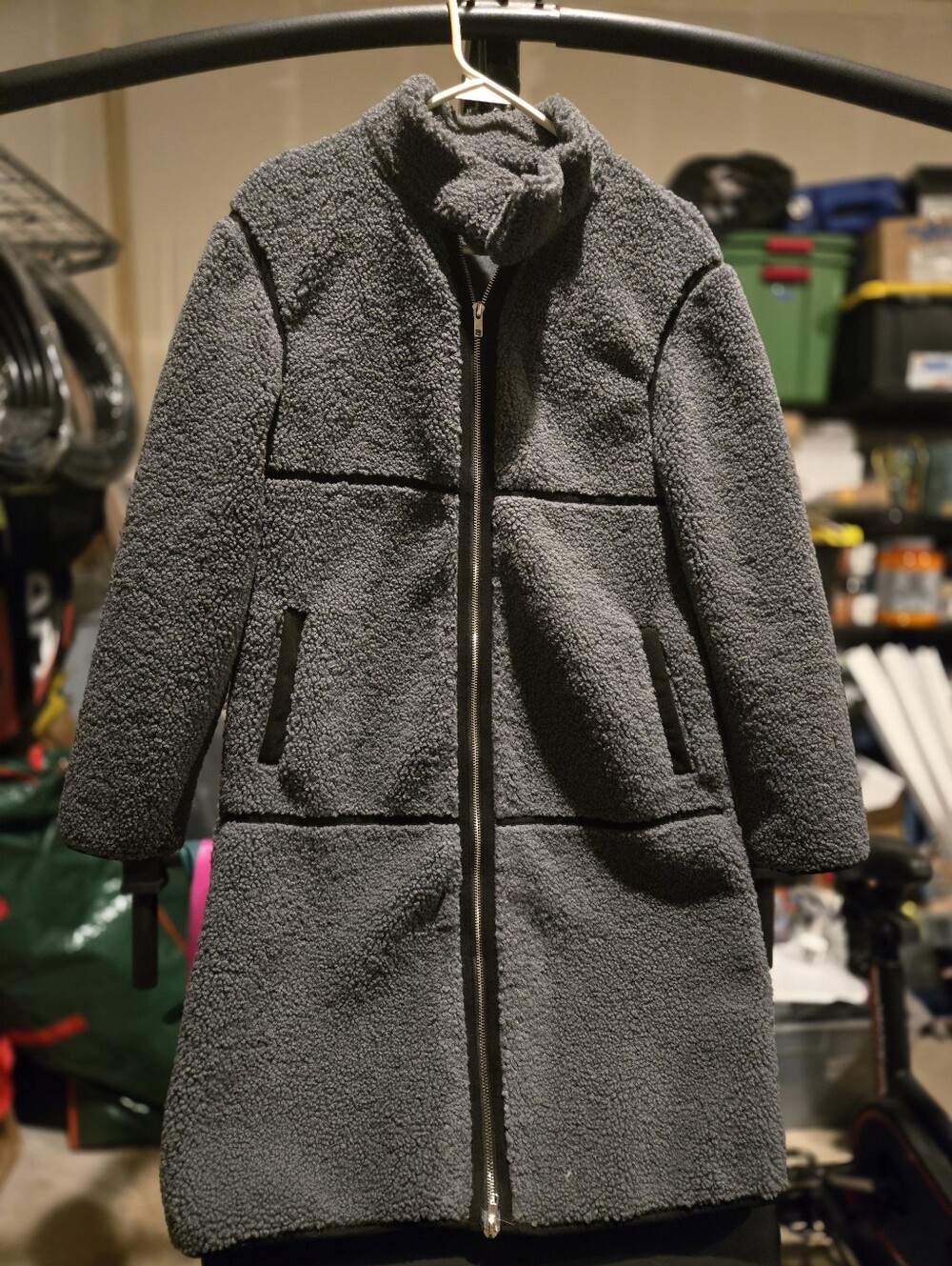 Women's Gray And Black Sherpa Zip-Front Coat
